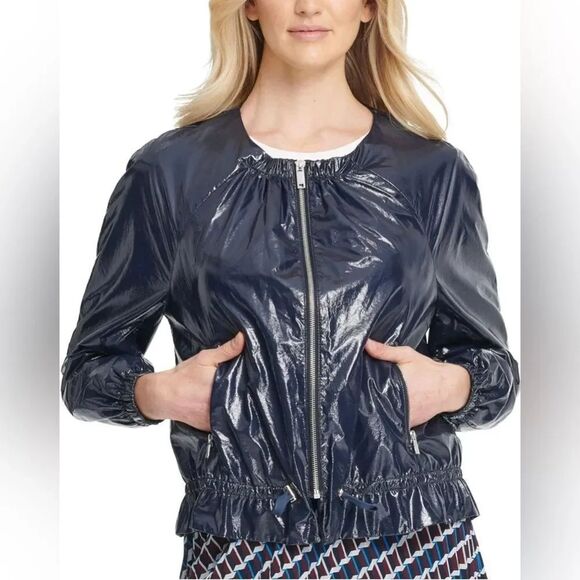 Dkny Jackets & Blazers - DKNY Shiny faux patent leather lightweight Navy Bomber Jacket, S